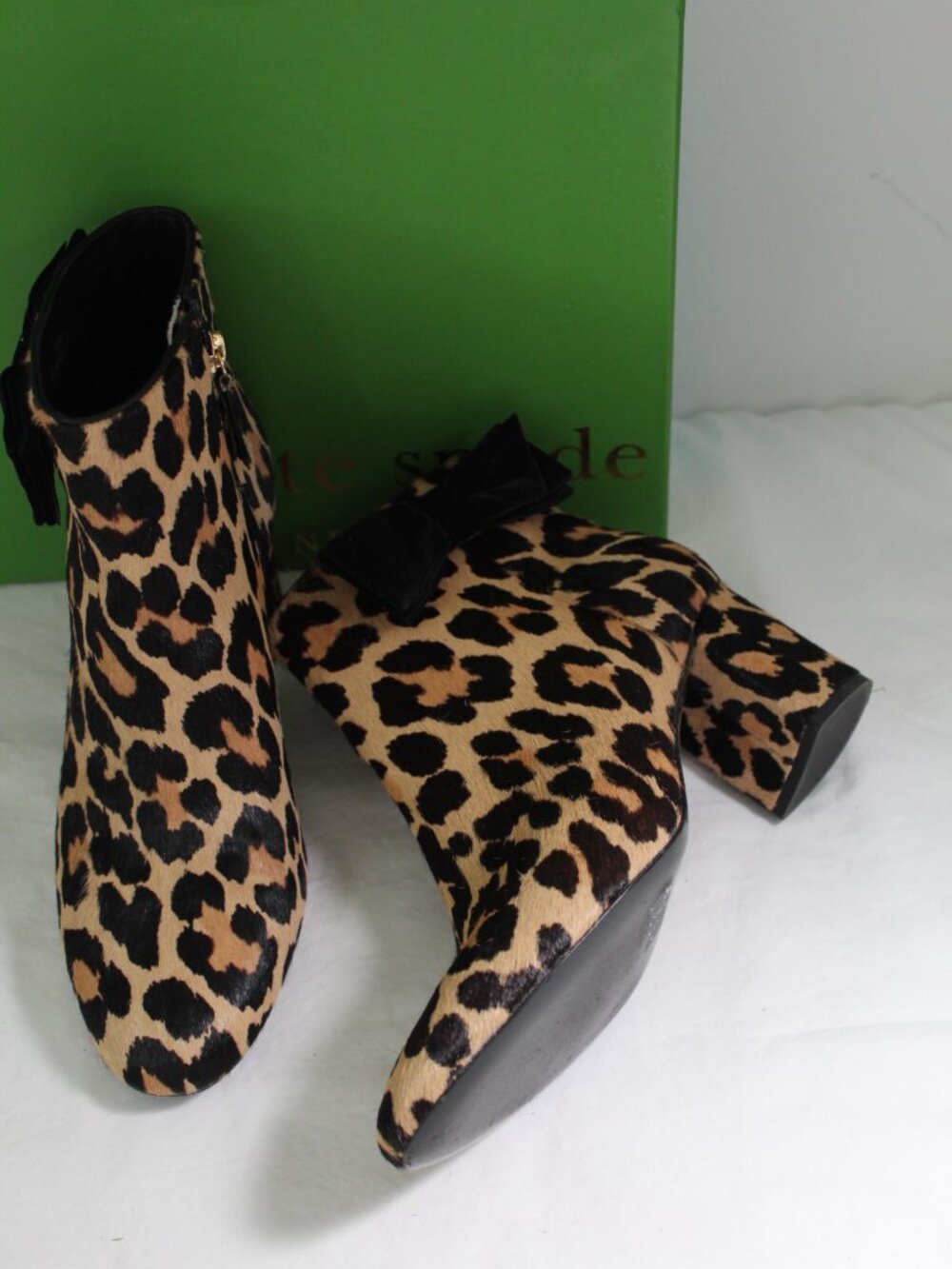 Kate Spade Holly Pony Hair Leopard Bow Block Heel Side Zip Booties Boots 9.5
